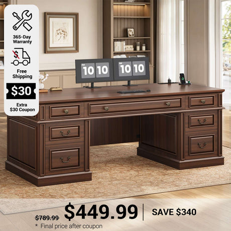 SEDETA 60.6 Inch Executive Desk with 7 Drawers Charging Station Home Office Desk with 2 File Drawers Classic Computer Desk Writing Study Desk with Storage