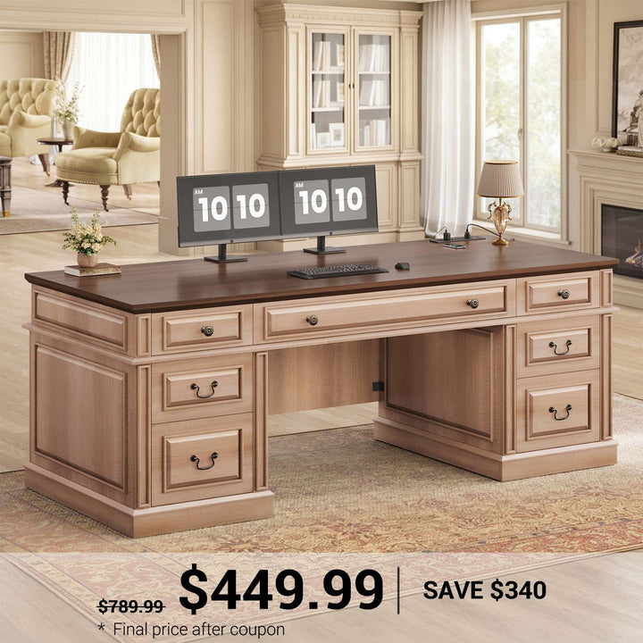SEDETA 60.6 Inch Executive Desk with 7 Drawers Charging Station Home Office Desk with 2 File Drawers Classic Computer Desk Writing Study Desk with Storage