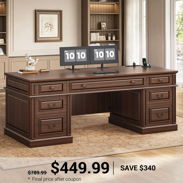 SEDETA 60.6 Inch Executive Desk with 7 Drawers Charging Station Home Office Desk with 2 File Drawers Classic Computer Desk Writing Study Desk with Storage