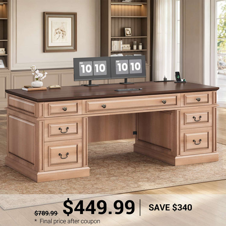 SEDETA 60.6 Inch Executive Desk with 7 Drawers Charging Station Home Office Desk with 2 File Drawers Classic Computer Desk Writing Study Desk with Storage