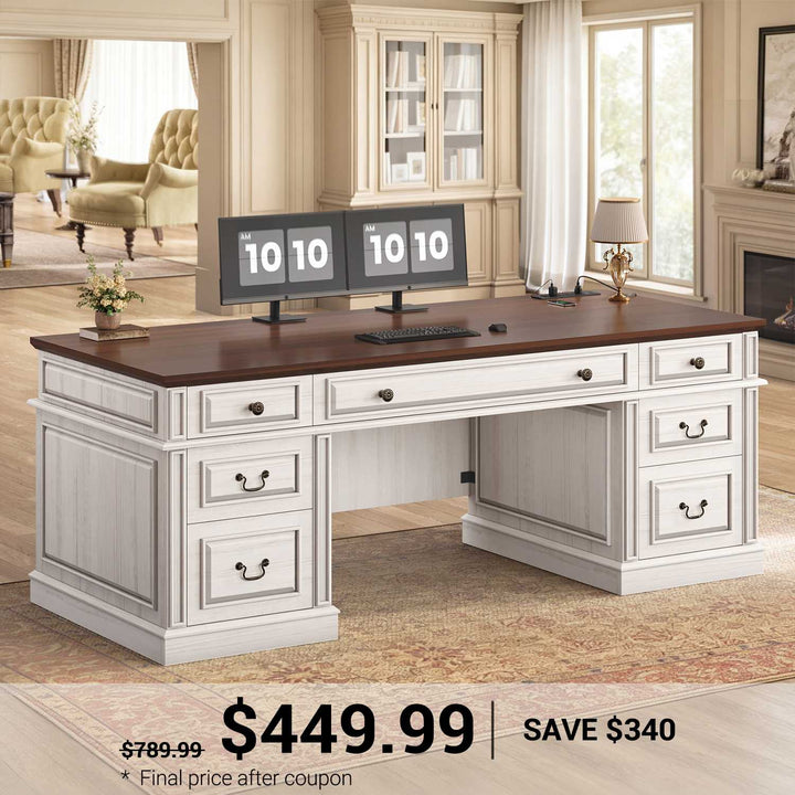SEDETA 60.6 Inch Executive Desk with 7 Drawers Charging Station Home Office Desk with 2 File Drawers Classic Computer Desk Writing Study Desk with Storage