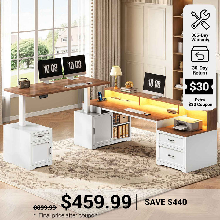 SEDETA® 76.8 Inch L Shaped Electric Standing Desk with 2 Drawers Led Lights Farmhouse Office Desk with Storage Cabinet Power Outlet Monitor Stand