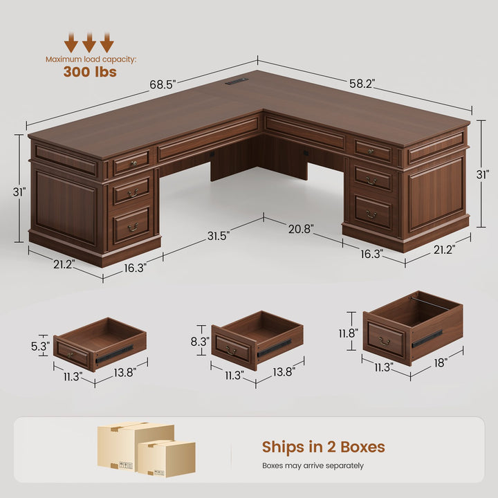SEDETA | 68.5 Inch L Shaped Computer Desk with 6 Drawers Charging Station Executive Desk with 2 File Drawers Classic L-Shape Home Office Desk Writing Study Desk with Storage