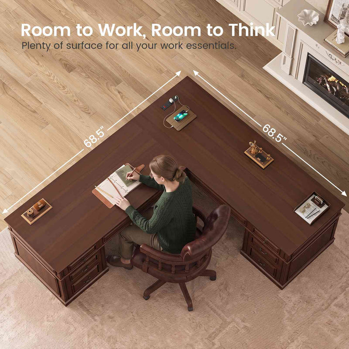 SEDETA | 68.5 Inch L Shaped Computer Desk with 6 Drawers Charging Station Executive Desk with 2 File Drawers Classic L-Shape Home Office Desk Writing Study Desk with Storage