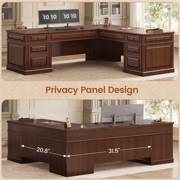 SEDETA | 68.5 Inch L Shaped Computer Desk with 6 Drawers Charging Station Executive Desk with 2 File Drawers Classic L-Shape Home Office Desk Writing Study Desk with Storage