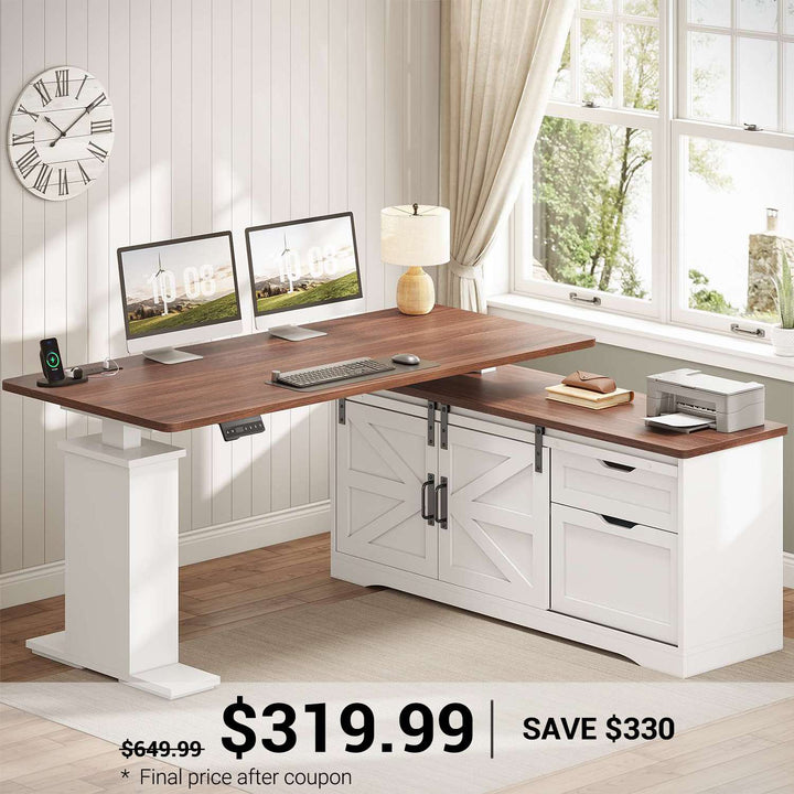 SEDETA 55 Inch L-Shaped Electric Standing Desk Height Adjustable with Storage Drawers, Farmhouse Computer Desk, Power Outlets, Home Office