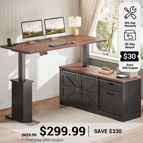 SEDETA® 55 Inch Height Adjustable Farmhouse L Shaped Electric Standing Computer Desk with Power Outlets Storage Drawers