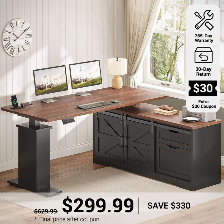 SEDETA® 55 Inch Height Adjustable Farmhouse L Shaped Electric Standing Computer Desk with Power Outlets Storage Drawers