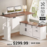 SEDETA® 55 Inch Height Adjustable Farmhouse L Shaped Electric Standing Computer Desk with Power Outlets Storage Drawers