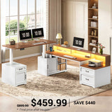 SEDETA | 76.8 Inch Farmhouse Electric Standing Desk with 2 Drawers Led Lights L Shaped Office Desk with Storage Cabinet Power Outlet Monitor Stand