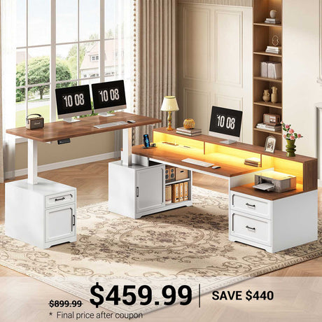 SEDETA | 76.8 Inch Farmhouse Electric Standing Desk with 2 Drawers Led Lights L Shaped Office Desk with Storage Cabinet Power Outlet Monitor Stand