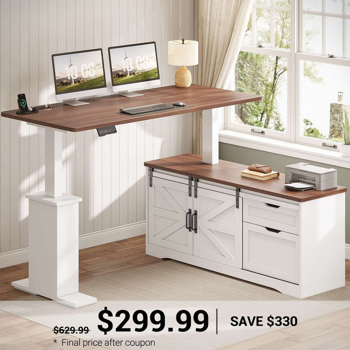 SEDETA® 55 Inch Height Adjustable Farmhouse L Shaped Electric Standing Computer Desk with Power Outlets Storage Drawers