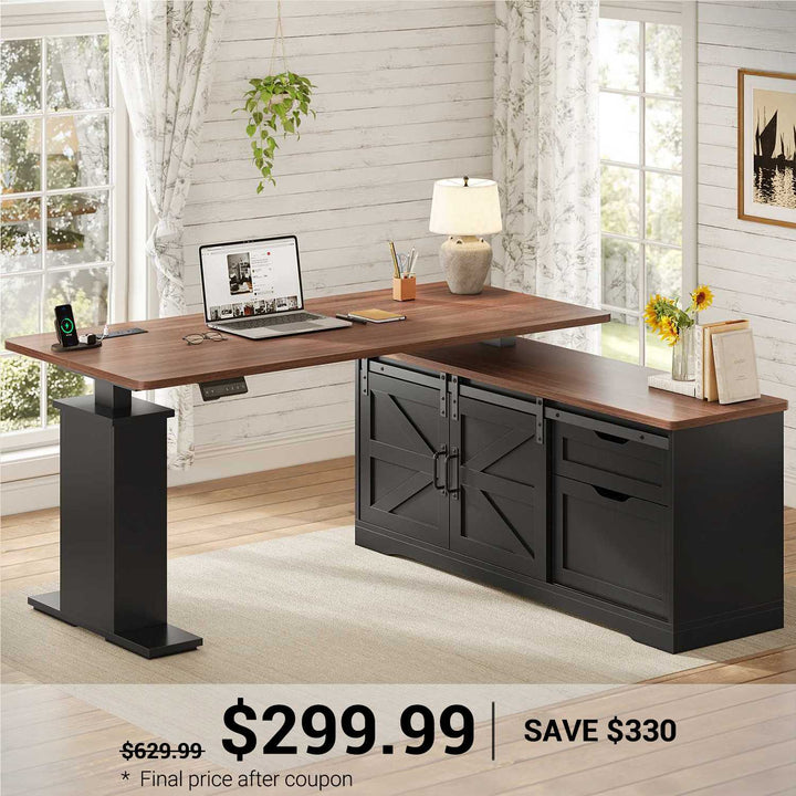 SEDETA® 55 Inch Height Adjustable Farmhouse L Shaped Electric Standing Computer Desk with Power Outlets Storage Drawers