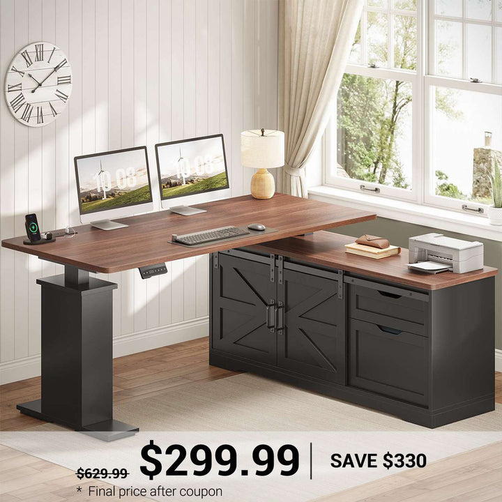 SEDETA® 55 Inch Height Adjustable Farmhouse L Shaped Electric Standing Computer Desk with Power Outlets Storage Drawers