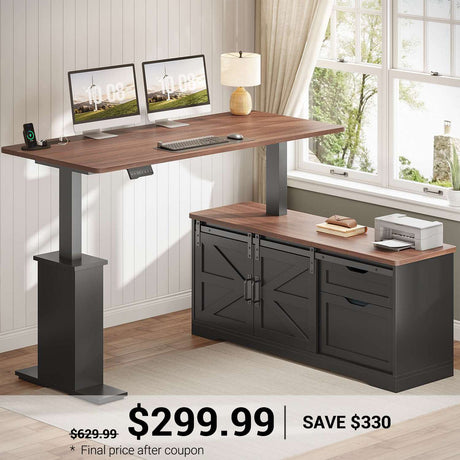 SEDETA | 55 Inch Height Electric Adjustable L Shaped Farmhouse Standing Desk with Storage Drawers and Power Outlets for Home Office