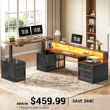 SEDETA | 76.8 Inch Farmhouse Electric Standing Desk with 2 Drawers Led Lights L Shaped Office Desk with Storage Cabinet Power Outlet Monitor Stand