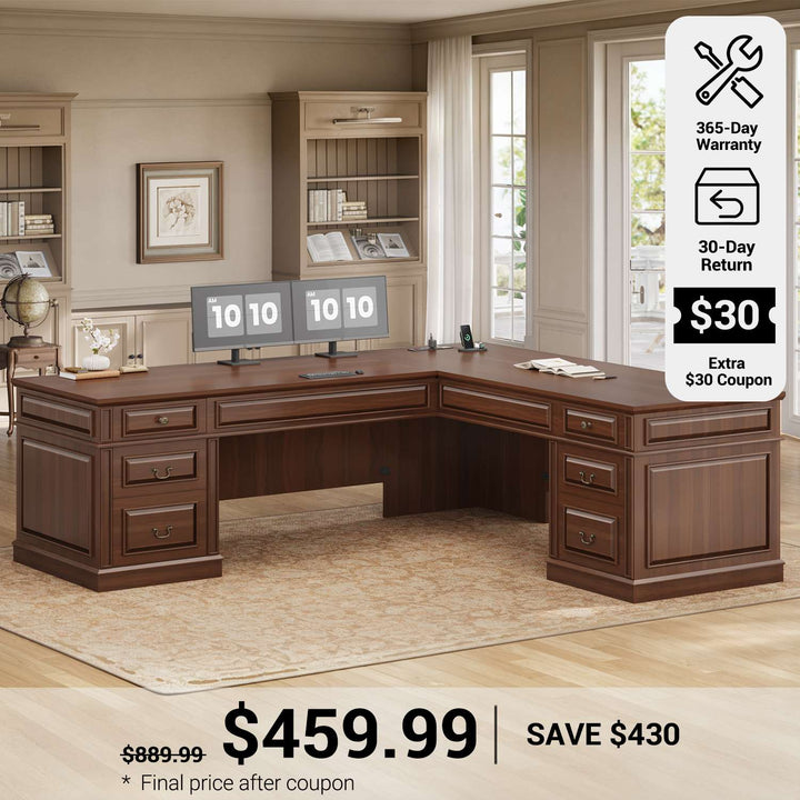 SEDETA® 68.5 Inch L Shaped Home Office Desk with 6 Drawers Charging Station  Executive Desk with 2 File Drawers Classic L-Shape Computer Corner Desk Writing Study Desk with Storage