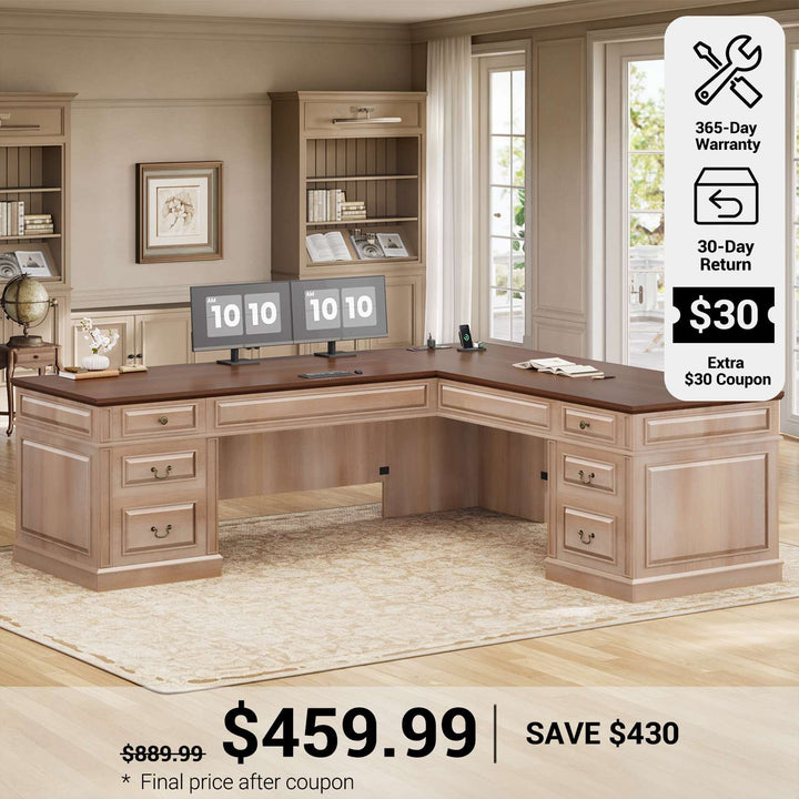 SEDETA® 68.5 Inch L Shaped Home Office Desk with 6 Drawers Charging Station  Executive Desk with 2 File Drawers Classic L-Shape Computer Corner Desk Writing Study Desk with Storage