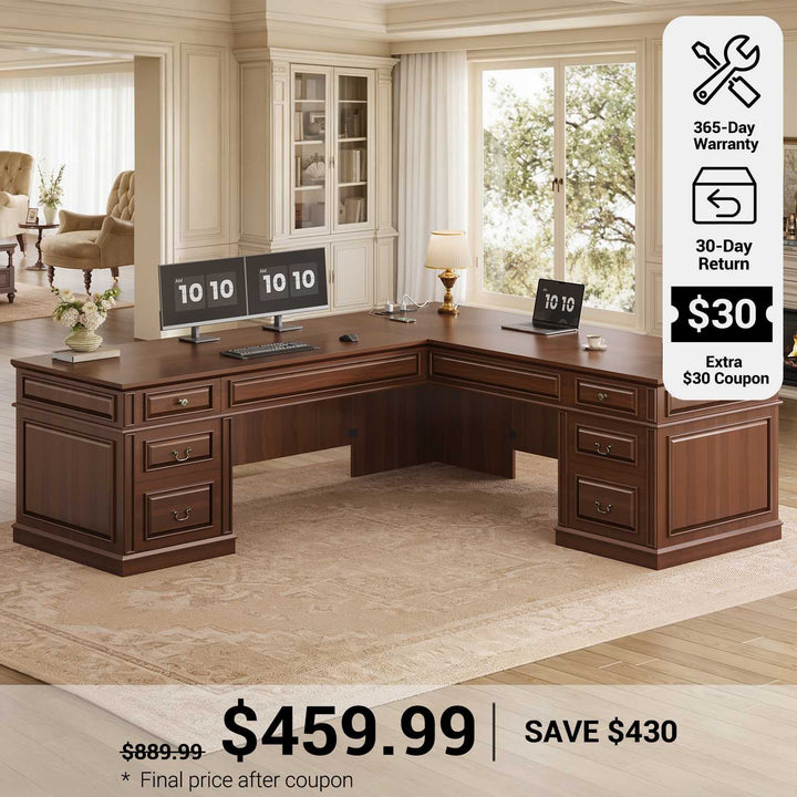 SEDETA® 68.5 Inch L Shaped Home Office Desk with 6 Drawers Charging Station  Executive Desk with 2 File Drawers Classic L-Shape Computer Corner Desk Writing Study Desk with Storage