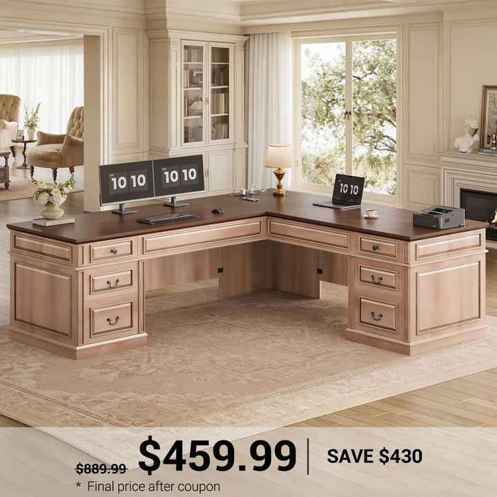 SEDETA | 68.5 Inch L Shaped Computer Desk with 6 Drawers Charging Station Executive Desk with 2 File Drawers Classic L-Shape Home Office Desk Writing Study Desk with Storage