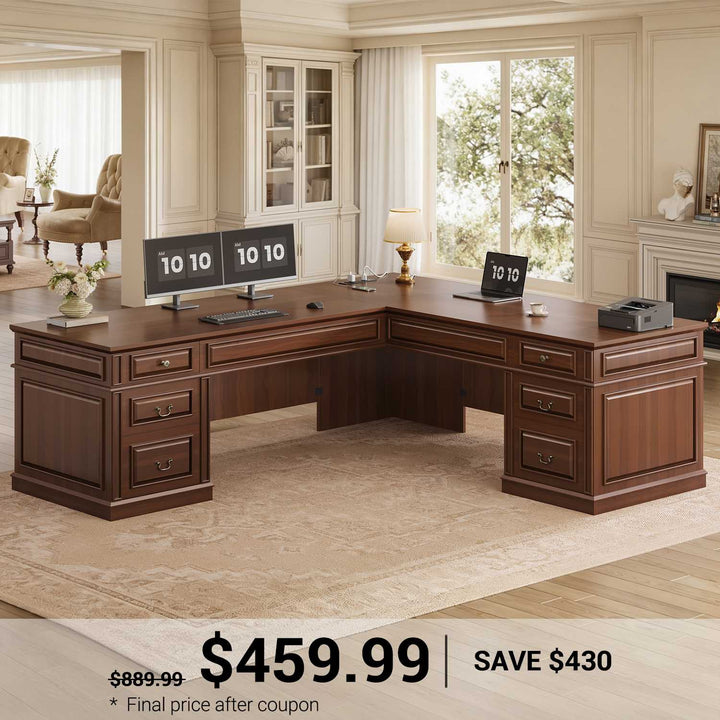 SEDETA | 68.5 Inch L Shaped Computer Desk with 6 Drawers Charging Station Executive Desk with 2 File Drawers Classic L-Shape Home Office Desk Writing Study Desk with Storage