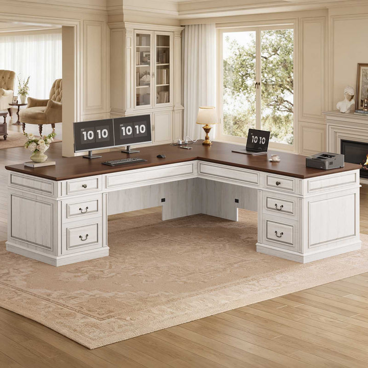 SEDETA | 68.5 Inch L Shaped Computer Desk with 6 Drawers Charging Station Executive Desk with 2 File Drawers Classic L-Shape Home Office Desk Writing Study Desk with Storage