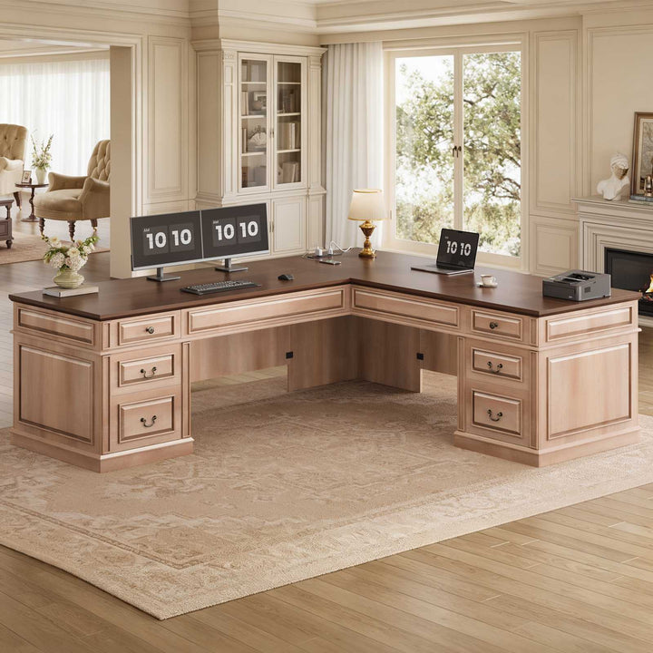 SEDETA | 68.5 Inch L Shaped Computer Desk with 6 Drawers Charging Station Executive Desk with 2 File Drawers Classic L-Shape Home Office Desk Writing Study Desk with Storage