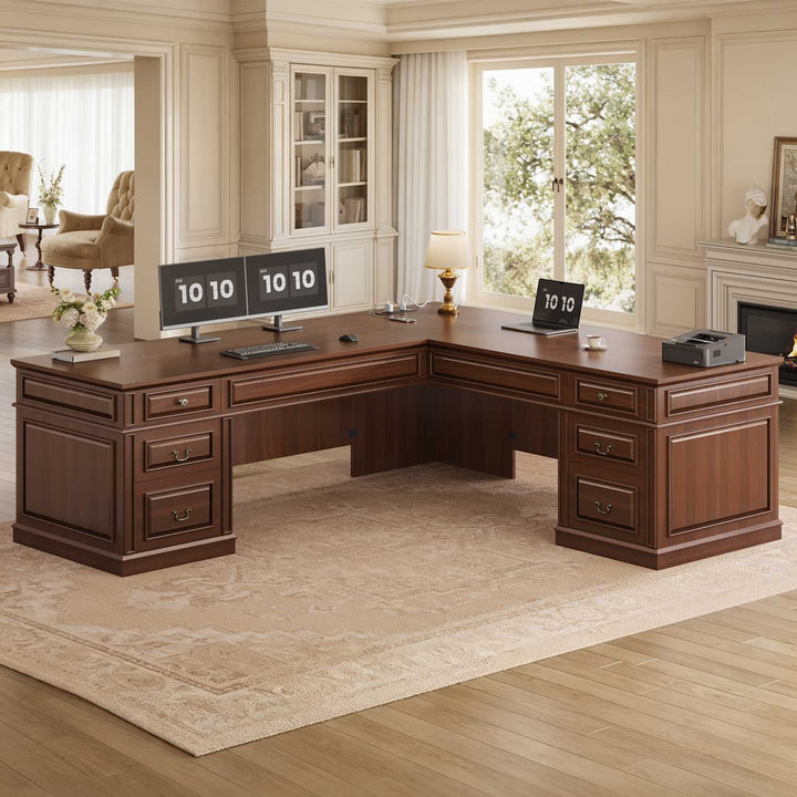 SEDETA | 68.5 Inch L Shaped Computer Desk with 6 Drawers Charging Station Executive Desk with 2 File Drawers Classic L-Shape Home Office Desk Writing Study Desk with Storage