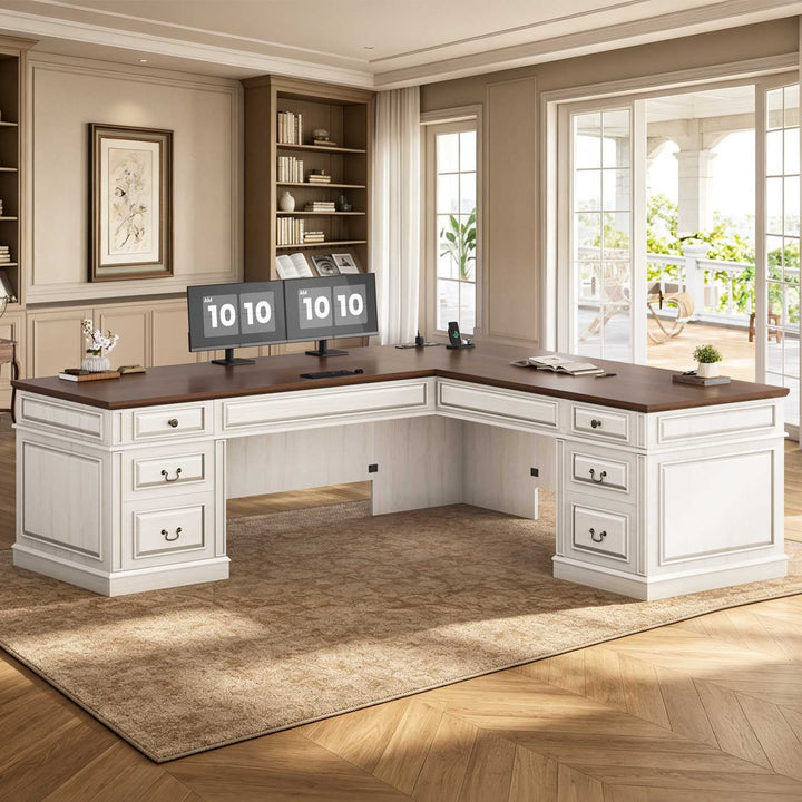 SEDETA | 68.5 Inch L Shaped Computer Desk with 6 Drawers Charging Station Executive Desk with 2 File Drawers Classic L-Shape Home Office Desk Writing Study Desk with Storage