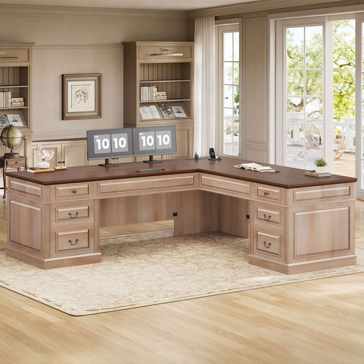 SEDETA | 68.5 Inch L Shaped Computer Desk with 6 Drawers Charging Station Executive Desk with 2 File Drawers Classic L-Shape Home Office Desk Writing Study Desk with Storage