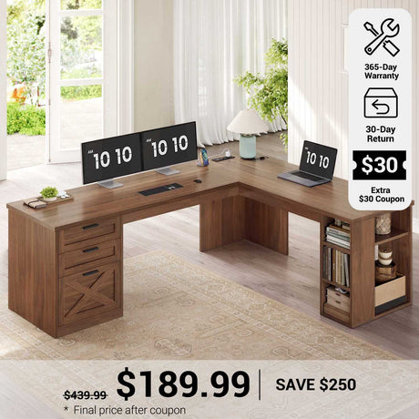 SEDETA® 67 Inch Farmhouse L Shaped Computer Desk with 3 Drawers Home Office Executive Desk with Storage Shelves and Power Outlets