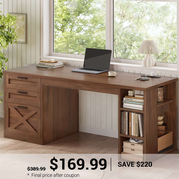 SEDETA 55.1 Inch Farmhouse Office Desk with 3 Drawers Computer Desk with Storage Shelves Executive Desk with Power Outlet
