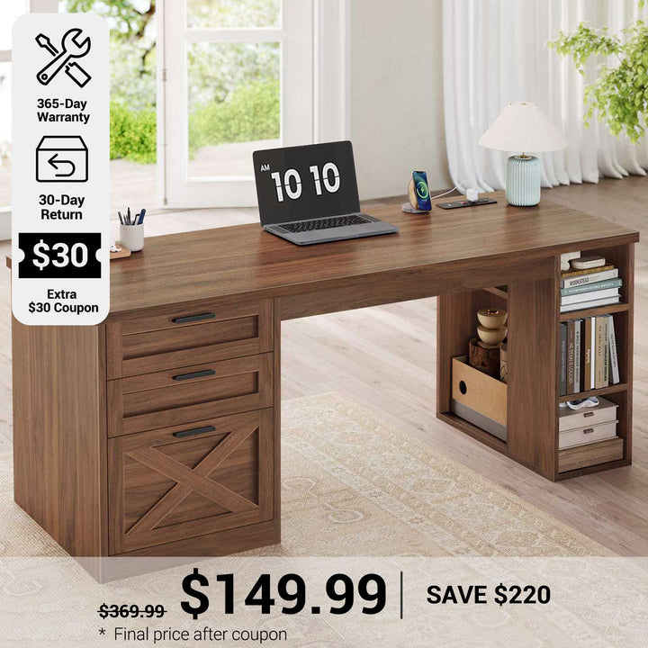 SEDETA® 55.1 Inch Executive Desk Farmhouse Computer Desk with Power Outlet 3 Drawers Storage Shelves for Home Office