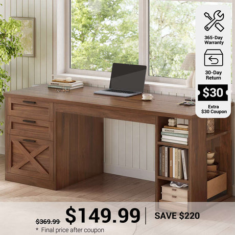 SEDETA® 55.1 Inch Executive Desk Farmhouse Computer Desk with Power Outlet 3 Drawers Storage Shelves for Home Office