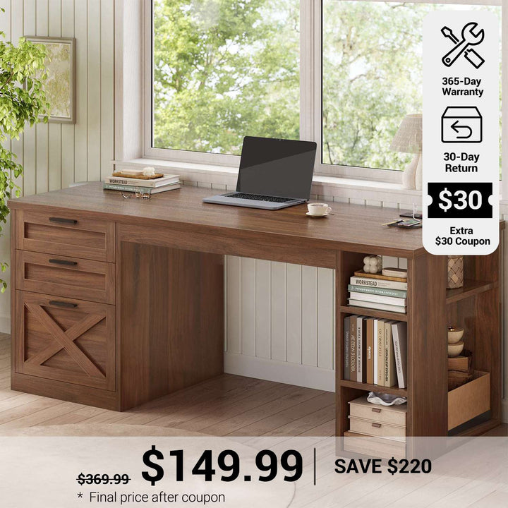 SEDETA® 55.1 Inch Executive Desk Farmhouse Computer Desk with Power Outlet 3 Drawers Storage Shelves for Home Office