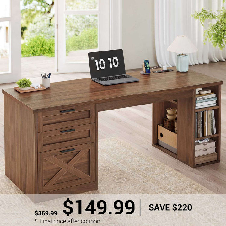 SEDETA® 55.1 Inch Executive Desk Farmhouse Computer Desk with Power Outlet 3 Drawers Storage Shelves for Home Office