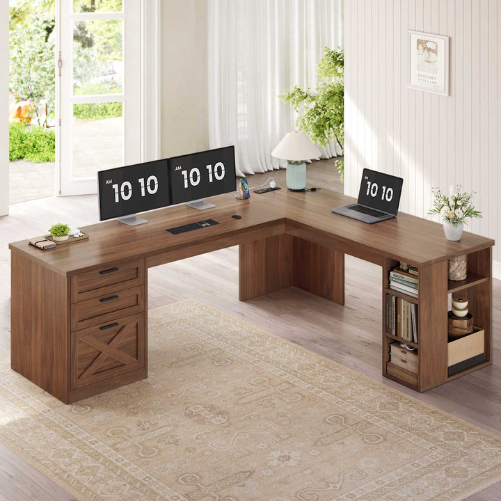 SEDETA 67 Inch Farmhouse L Shaped Computer Desk with 3 Drawers, Home Office Executive Desk with Storage Shelves, Power Outlets