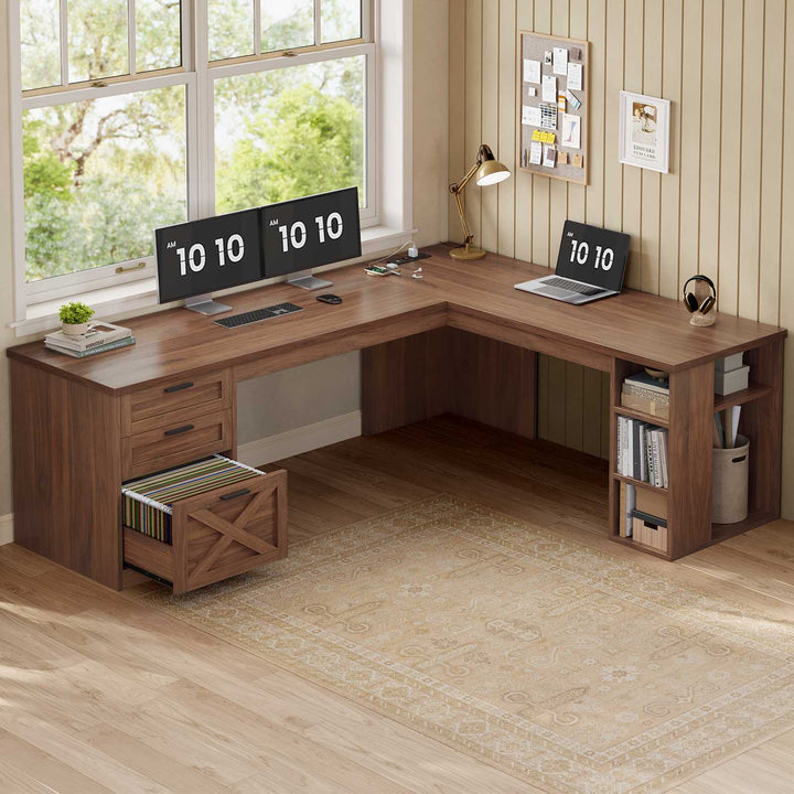SEDETA 67 Inch Farmhouse L Shaped Computer Desk with 3 Drawers, Home Office Executive Desk with Storage Shelves, Power Outlets