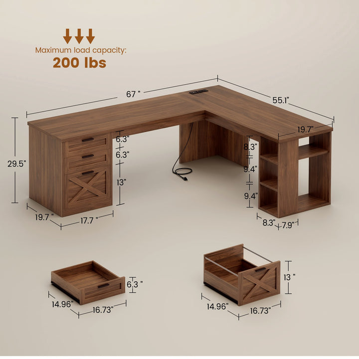 SEDETA 67 Inch Farmhouse L Shaped Computer Desk with 3 Drawers, Home Office Executive Desk with Storage Shelves, Power Outlets