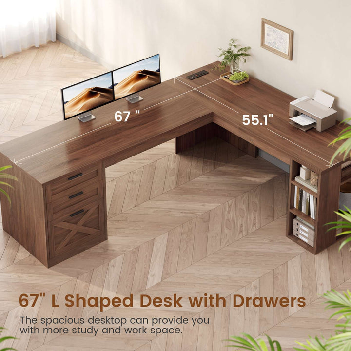 SEDETA 67 Inch Farmhouse L Shaped Computer Desk with 3 Drawers, Home Office Executive Desk with Storage Shelves, Power Outlets
