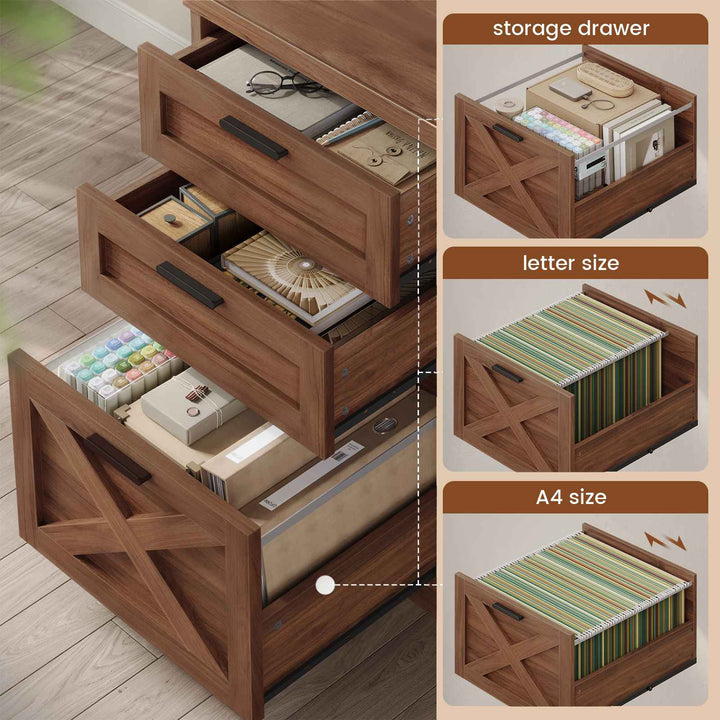 SEDETA 67 Inch Farmhouse L Shaped Computer Desk with 3 Drawers, Home Office Executive Desk with Storage Shelves, Power Outlets