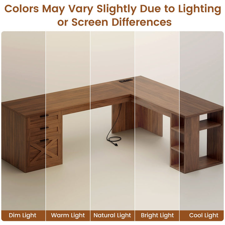 SEDETA 67 Inch Farmhouse L Shaped Computer Desk with 3 Drawers, Home Office Executive Desk with Storage Shelves, Power Outlets