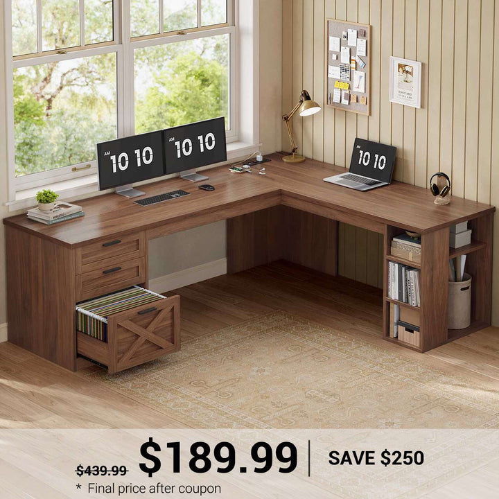 SEDETA® 67 Inch Farmhouse L Shaped Computer Desk with 3 Drawers Home Office Executive Desk with Storage Shelves and Power Outlets