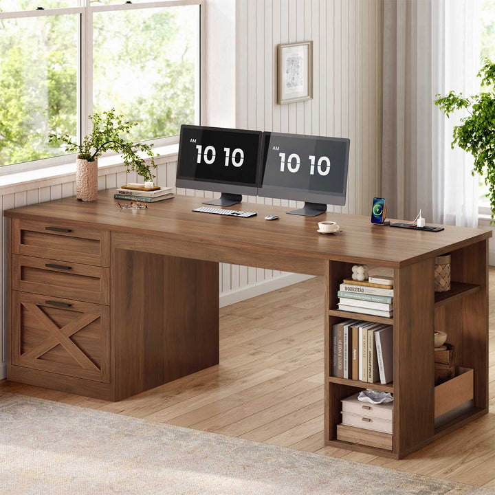 SEDETA® 55.1 Inch Executive Desk Farmhouse Computer Desk with Power Outlet 3 Drawers Storage Shelves for Home Office