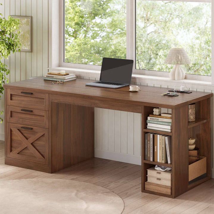 SEDETA® 55.1 Inch Executive Desk Farmhouse Computer Desk with Power Outlet 3 Drawers Storage Shelves for Home Office