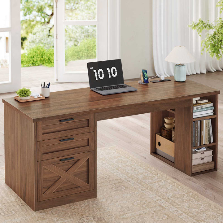 SEDETA® 55.1 Inch Executive Desk Farmhouse Computer Desk with Power Outlet 3 Drawers Storage Shelves for Home Office