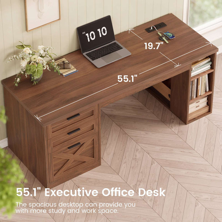 SEDETA® 55.1 Inch Executive Desk Farmhouse Computer Desk with Power Outlet 3 Drawers Storage Shelves for Home Office