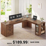 SEDETA |  67 Inch L Shaped Farmhouse Executive Computer Desk Home Office with Power Outlets 3 Drawers and Storage Shelves