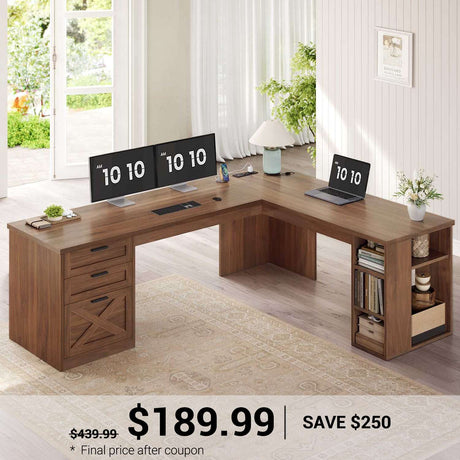 SEDETA |  67 Inch L Shaped Farmhouse Executive Computer Desk Home Office with Power Outlets 3 Drawers and Storage Shelves