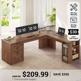 SEDETA 67 Inch Farmhouse L Shaped Computer Desk with 3 Drawers, Home Office Executive Desk with Storage Shelves, Power Outlets